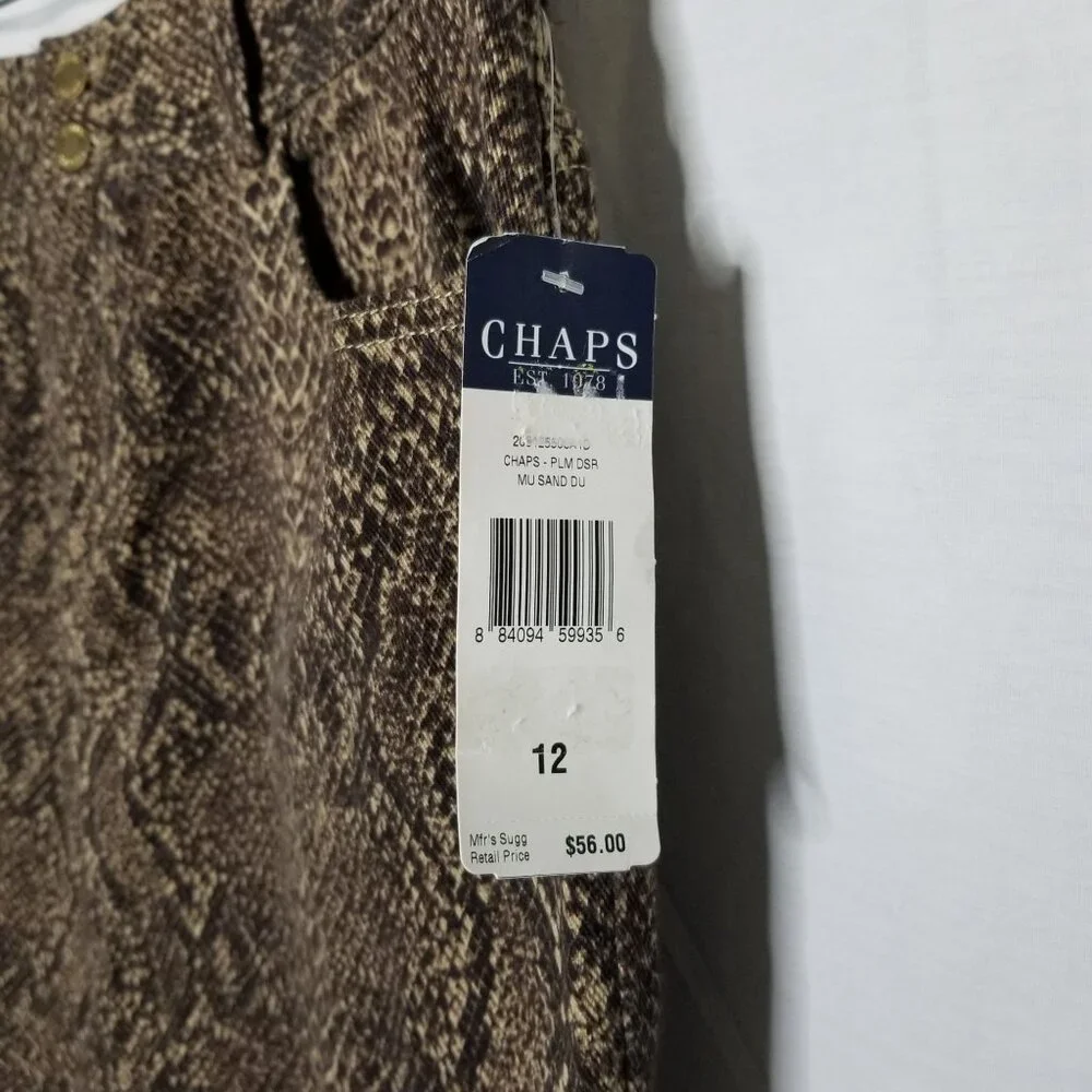 Chaps NWT Size 12 Skirt Knee Snake Reptile Print Stretch Denim Pockets Brown - Picture 4 of 7
